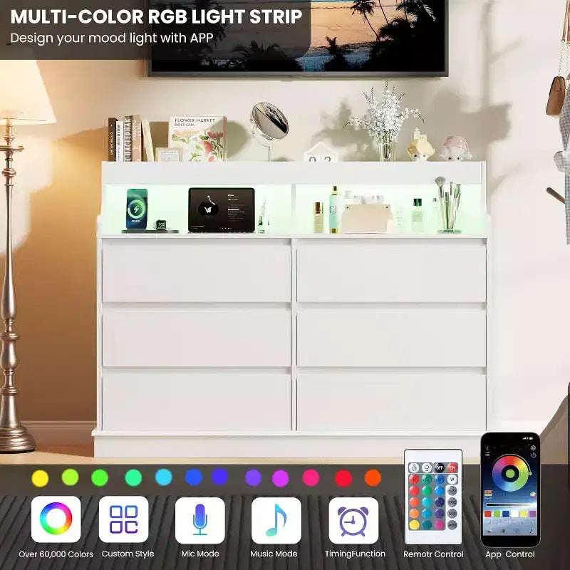 Commode de 51" de large, 6 tiroirs, commode moderne, avec lumières LED, station de charge, étagère ouverte, pour salon