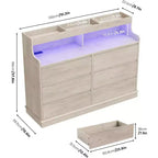 Commode de 51" de large, 6 tiroirs, commode moderne, avec lumières LED, station de charge, étagère ouverte, pour salon