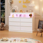 Commode de 51" de large, 6 tiroirs, commode moderne, avec lumières LED, station de charge, étagère ouverte, pour salon
