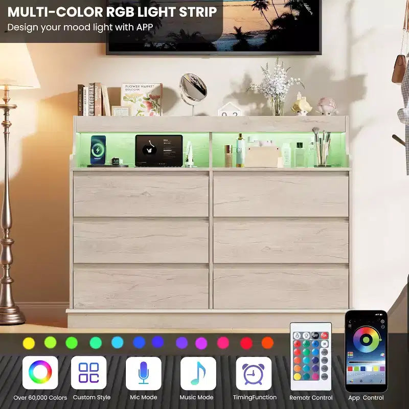 Commode de 51" de large, 6 tiroirs, commode moderne, avec lumières LED, station de charge, étagère ouverte, pour salon