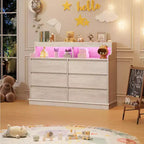 Commode de 51" de large, 6 tiroirs, commode moderne, avec lumières LED, station de charge, étagère ouverte, pour salon