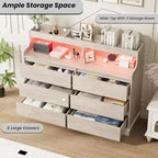 Commode de 51" de large, 6 tiroirs, commode moderne, avec lumières LED, station de charge, étagère ouverte, pour salon