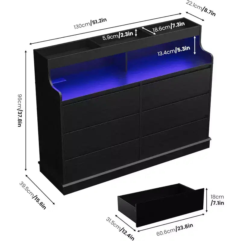 Commode de 51" de large, 6 tiroirs, commode moderne, avec lumières LED, station de charge, étagère ouverte, pour salon