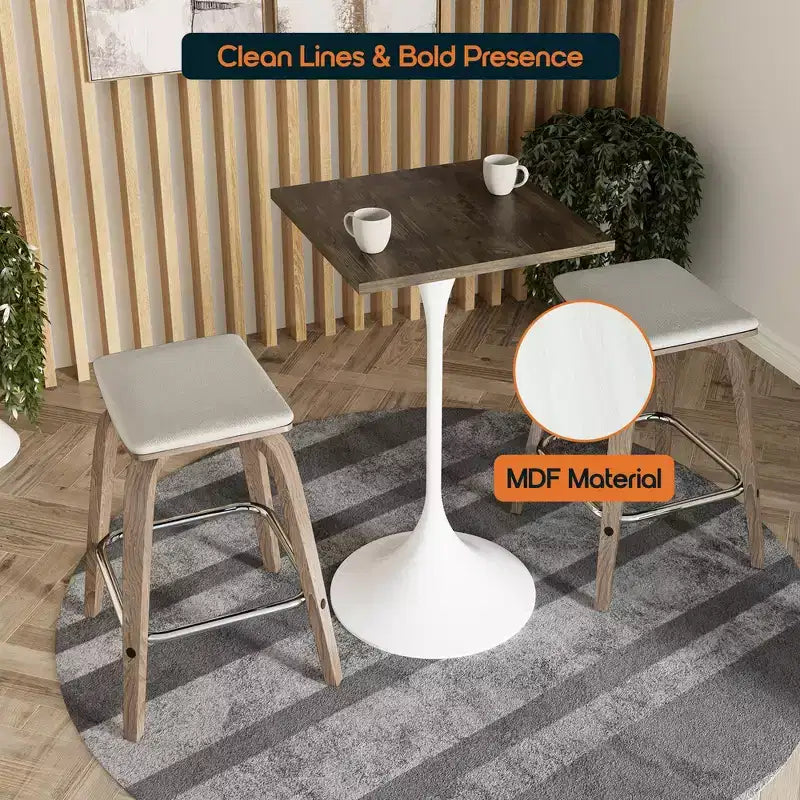 LeisureMod Verve Table à manger carrée 24 pouces hauteur bar - Plateau en MDF moderne avec piédestal blanc Table hauteur comptoir pour cuisine, maison et pub