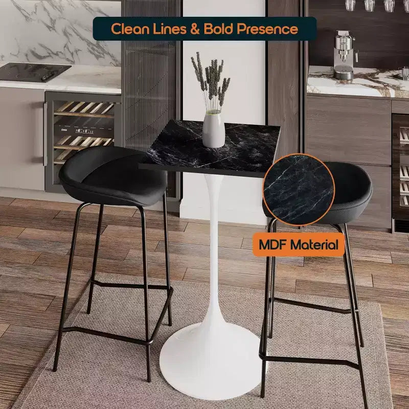 LeisureMod Verve Table à manger carrée 24 pouces hauteur bar - Plateau en MDF moderne avec piédestal blanc Table hauteur comptoir pour cuisine, maison et pub