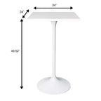 LeisureMod Verve Table à manger carrée 24 pouces hauteur bar - Plateau en MDF moderne avec piédestal blanc Table hauteur comptoir pour cuisine, maison et pub