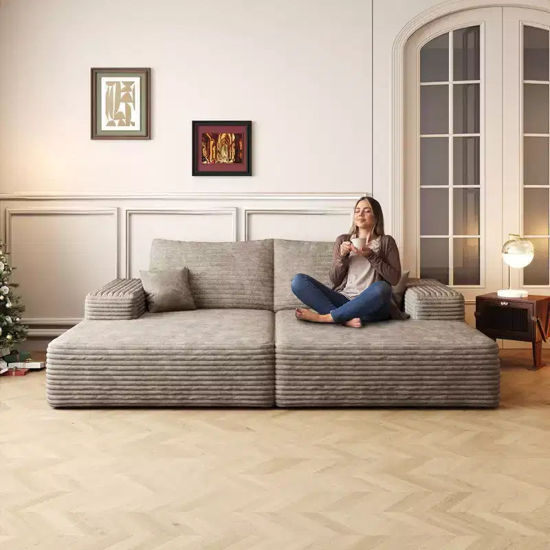 74,8 Canapé-lit moderne avec deux couchages, chaise longue pour salle de cinéma/salle de jeux, couleur Chameau (Tissu velours côtelé moelleux)