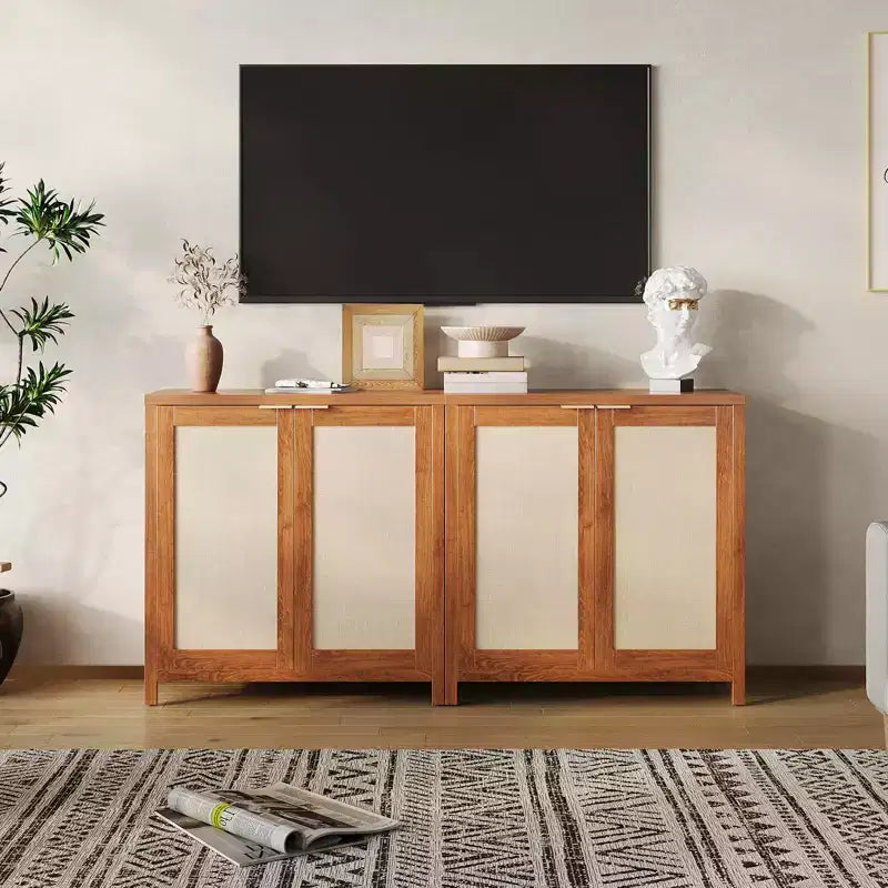 Meuble de rangement autoportant en rotin avec portes et étagères réglables, buffet moderne pour salon, salle à manger, cuisine
