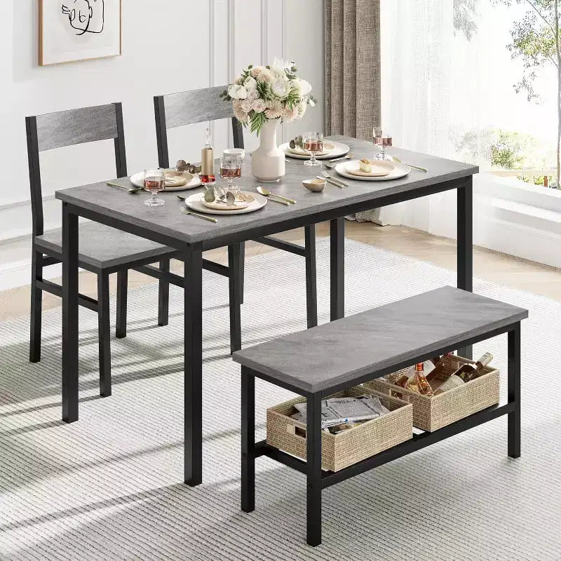 Ensemble table à manger pour 4 avec chaises et banc, table de cuisine moderne, design métal et bois, pour petits appartements