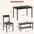 Ensemble table à manger pour 4 avec chaises et banc, table de cuisine moderne, design métal et bois, pour petits appartements
