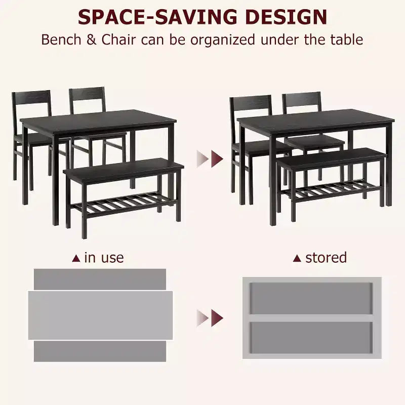 Ensemble table à manger pour 4 avec chaises et banc, table de cuisine moderne, design métal et bois, pour petits appartements