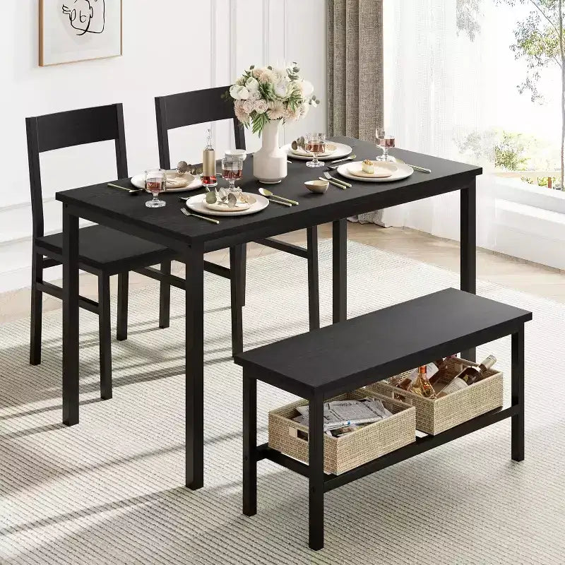 Ensemble table à manger pour 4 avec chaises et banc, table de cuisine moderne, design métal et bois, pour petits appartements