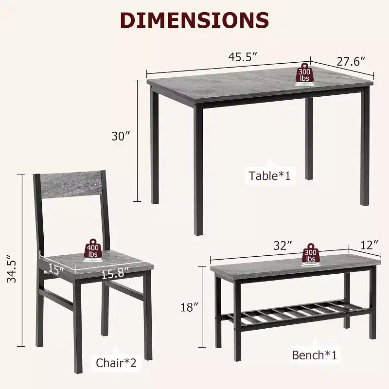 Ensemble table à manger pour 4 avec chaises et banc, table de cuisine moderne, design métal et bois, pour petits appartements
