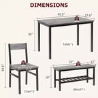 Ensemble table à manger pour 4 avec chaises et banc, table de cuisine moderne, design métal et bois, pour petits appartements