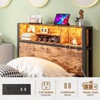 CLIHOME Cadre de lit double avec tête de lit de rangement, plateforme de lit en métal avec station de charge, rangement bibliothèque