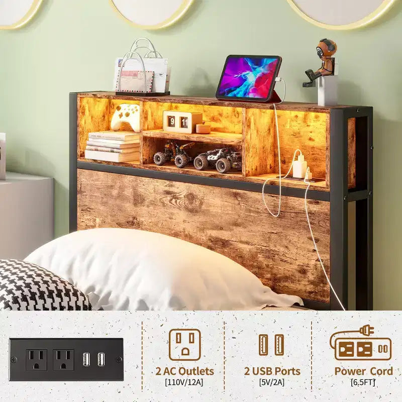 CLIHOME Cadre de lit double avec tête de lit de rangement, plateforme de lit en métal avec station de charge, rangement bibliothèque
