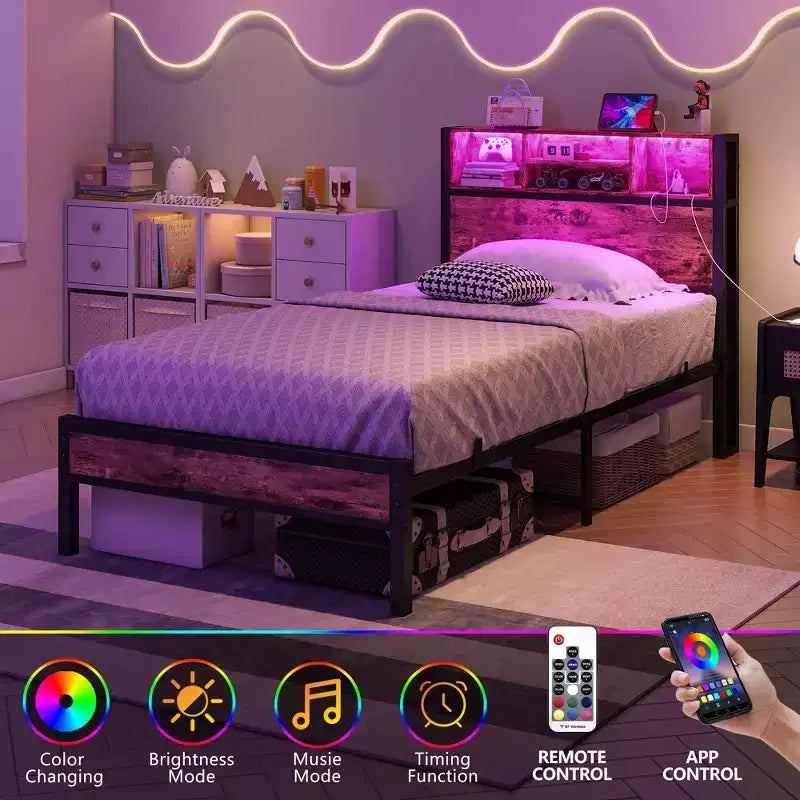 CLIHOME Cadre de lit double avec tête de lit de rangement, plateforme de lit en métal avec station de charge, rangement bibliothèque