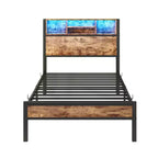 CLIHOME Cadre de lit double avec tête de lit de rangement, plateforme de lit en métal avec station de charge, rangement bibliothèque