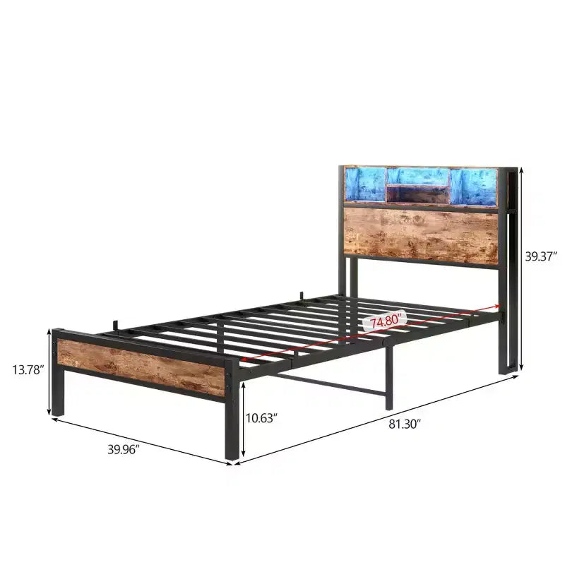 CLIHOME Cadre de lit double avec tête de lit de rangement, plateforme de lit en métal avec station de charge, rangement bibliothèque