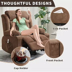 Fauteuil inclinable, pivotant à 360° et à bascule avec fonction chauffante et massante pour personnes fortes et de grande taille, avec télécommande, porte-gobelets, poches latérales et port de chargement USB