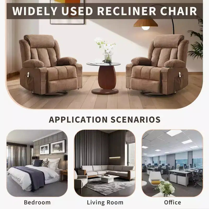 Fauteuil inclinable, pivotant à 360° et à bascule avec fonction chauffante et massante pour personnes fortes et de grande taille, avec télécommande, porte-gobelets, poches latérales et port de chargement USB
