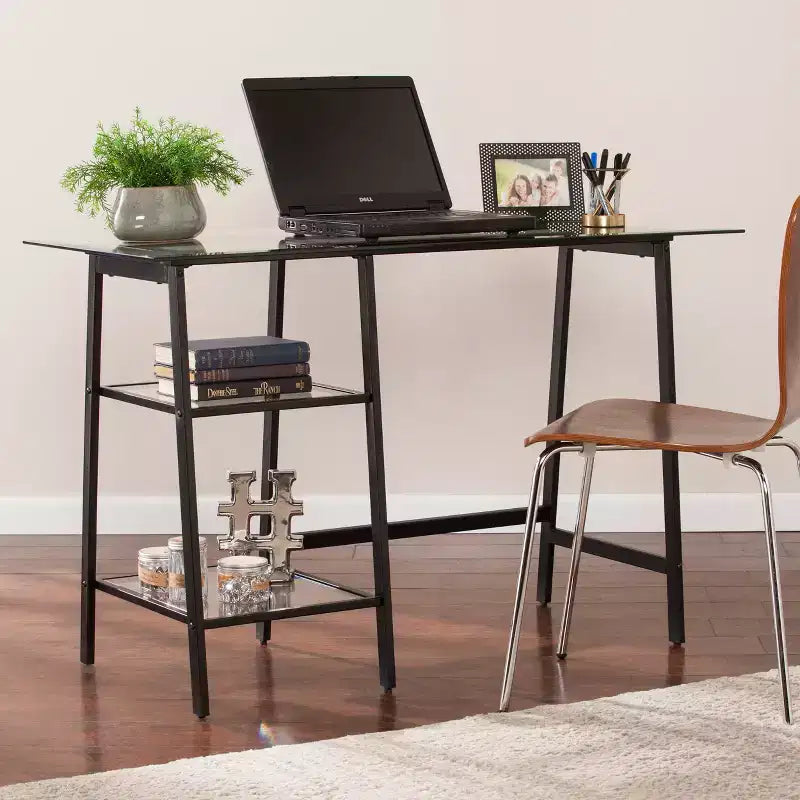 Bureau d'écriture tréteau/cadre en A en métal/verre Avery - Noir - SEI