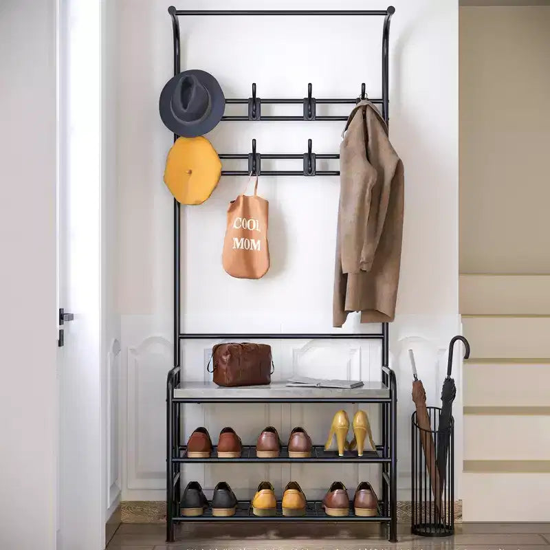 YESFASHION Portemanteau, Banc à chaussures, Meuble d'entrée 3-en-1, Étagère de rangement à 3 niveaux et 8 crochets, Organisateur de chaussures autoportant pour Entrée, Chambre à coucher
