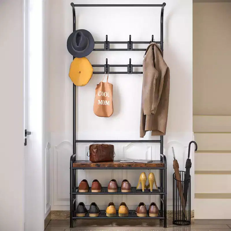 YESFASHION Portemanteau, Banc à chaussures, Meuble d'entrée 3-en-1, Étagère de rangement à 3 niveaux et 8 crochets, Organisateur de chaussures autoportant pour Entrée, Chambre à coucher