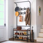 YESFASHION Portemanteau, Banc à chaussures, Meuble d'entrée 3-en-1, Étagère de rangement à 3 niveaux et 8 crochets, Organisateur de chaussures autoportant pour Entrée, Chambre à coucher