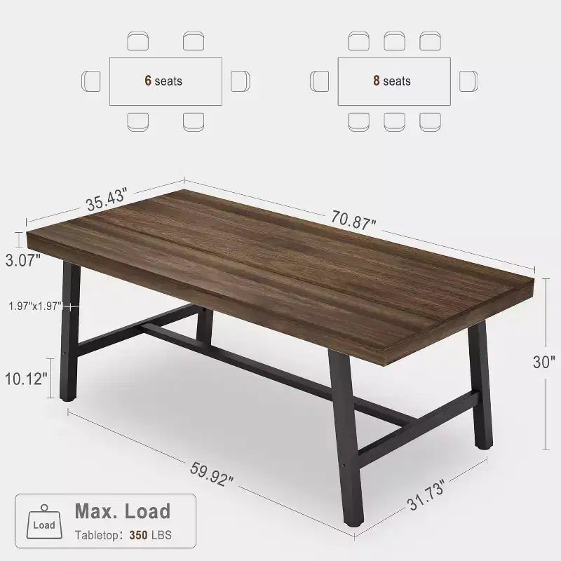 Table de salle à manger rectangulaire de 70,87 po pour 6 à 8 personnes, cadre en métal robuste, table de cuisine et de salle à manger moderne industrielle