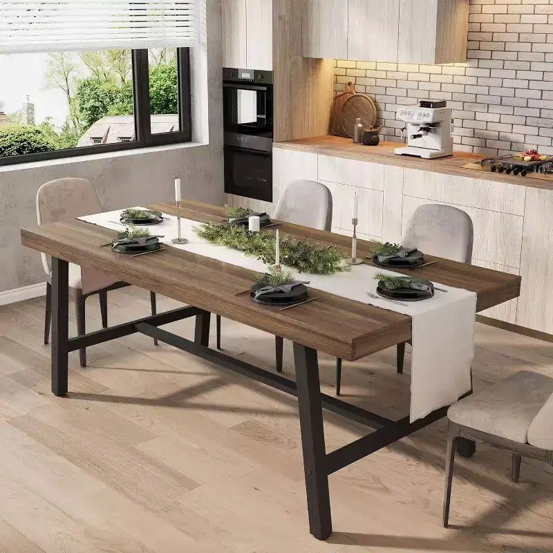 Table de salle à manger rectangulaire de 70,87 po pour 6 à 8 personnes, cadre en métal robuste, table de cuisine et de salle à manger moderne industrielle
