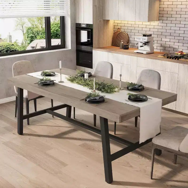 Table de salle à manger rectangulaire de 70,87 po pour 6 à 8 personnes, cadre en métal robuste, table de cuisine et de salle à manger moderne industrielle