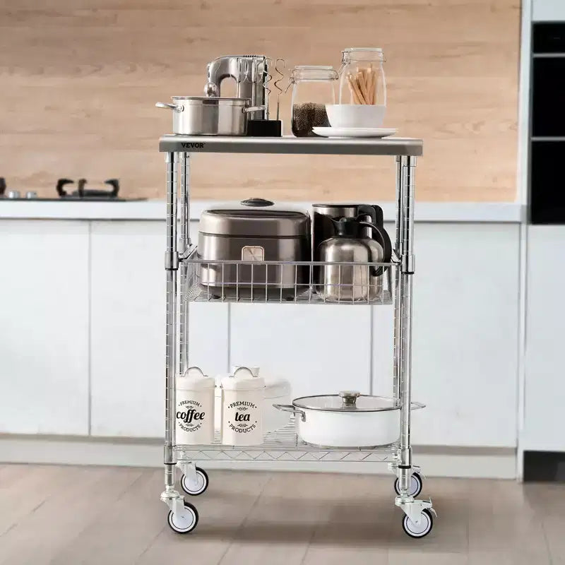 Chariot de cuisine VEVOR, 3 étagères, chariot roulant en fil métallique avec capacité de 213 kg, chariot de service en acier sur roulettes, chariot de rangement en métal, argent