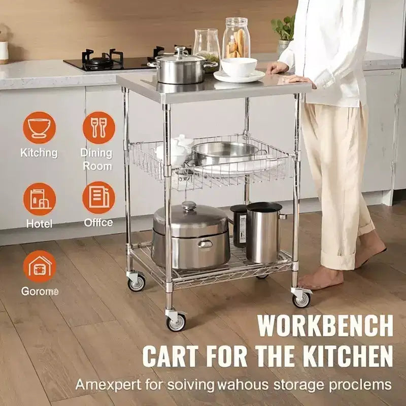 Chariot de cuisine VEVOR, 3 étagères, chariot roulant en fil métallique avec capacité de 213 kg, chariot de service en acier sur roulettes, chariot de rangement en métal, argent