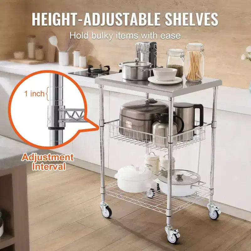 Chariot de cuisine VEVOR, 3 étagères, chariot roulant en fil métallique avec capacité de 213 kg, chariot de service en acier sur roulettes, chariot de rangement en métal, argent