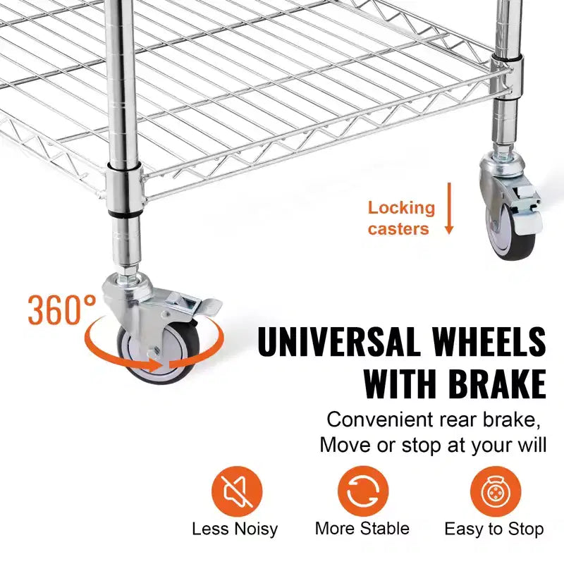 Chariot de cuisine VEVOR, 3 étagères, chariot roulant en fil métallique avec capacité de 213 kg, chariot de service en acier sur roulettes, chariot de rangement en métal, argent