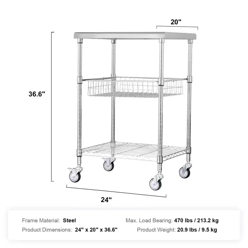 Chariot de cuisine VEVOR, 3 étagères, chariot roulant en fil métallique avec capacité de 213 kg, chariot de service en acier sur roulettes, chariot de rangement en métal, argent