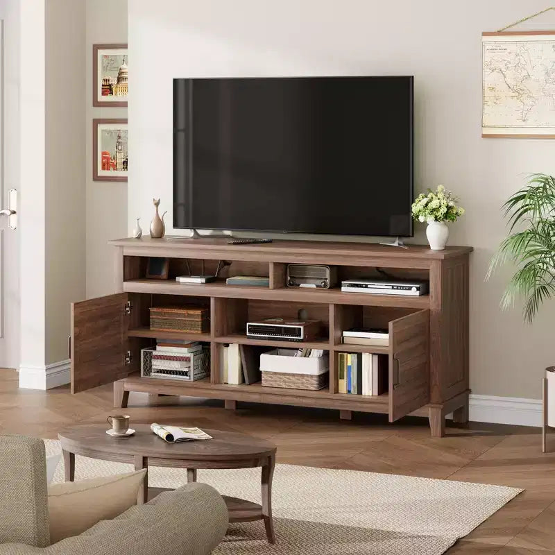 Meuble TV de 65 pouces avec étagères réglables et 8 compartiments de rangement, meuble double porte semi-ouvert pour salon et chambre à coucher