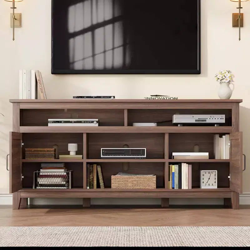 Meuble TV de 65 pouces avec étagères réglables et 8 compartiments de rangement, meuble double porte semi-ouvert pour salon et chambre à coucher