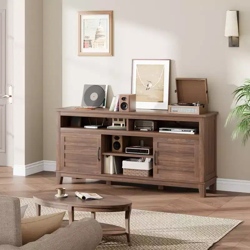Meuble TV de 65 pouces avec étagères réglables et 8 compartiments de rangement, meuble double porte semi-ouvert pour salon et chambre à coucher