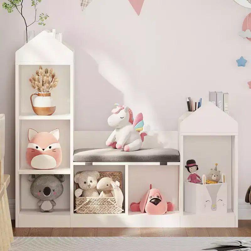 47.75 Kids Bookshelf with Reading Nook - 6-Cubby Toy Storage Bench & Playhouse for Playroom, Nursery & Classroom