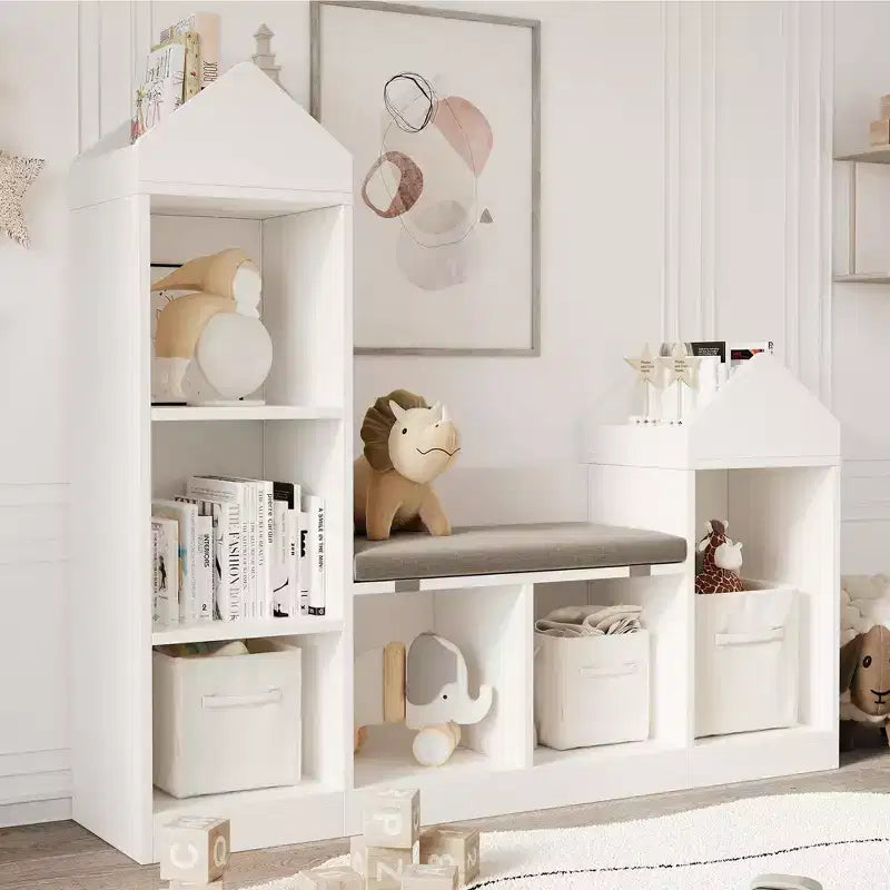 47,75 cm Étagère pour Livres pour Enfants avec Coin Lecture – Banc de Rangement pour Jouets à 6 Compartiments et Maisonnette pour Salle de Jeux, Chambre d'Enfant et Salle de Classe
