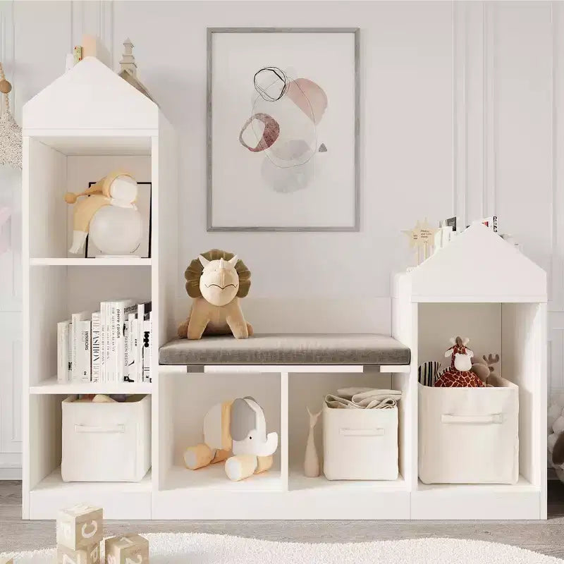 47,75 cm Étagère pour Livres pour Enfants avec Coin Lecture – Banc de Rangement pour Jouets à 6 Compartiments et Maisonnette pour Salle de Jeux, Chambre d'Enfant et Salle de Classe