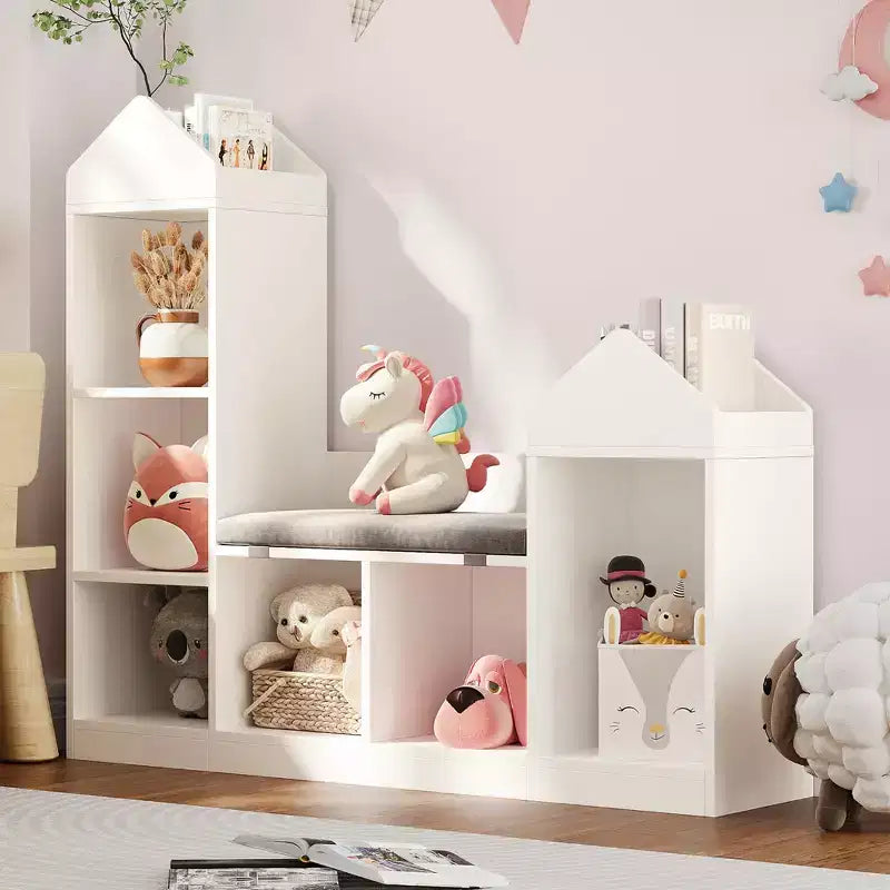 47,75 cm Étagère pour Livres pour Enfants avec Coin Lecture – Banc de Rangement pour Jouets à 6 Compartiments et Maisonnette pour Salle de Jeux, Chambre d'Enfant et Salle de Classe