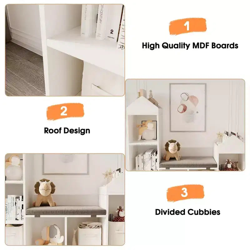 47,75 cm Étagère pour Livres pour Enfants avec Coin Lecture – Banc de Rangement pour Jouets à 6 Compartiments et Maisonnette pour Salle de Jeux, Chambre d'Enfant et Salle de Classe