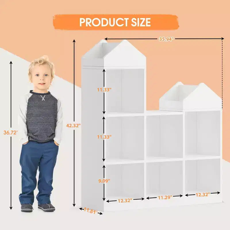 47,75 cm Étagère pour Livres pour Enfants avec Coin Lecture – Banc de Rangement pour Jouets à 6 Compartiments et Maisonnette pour Salle de Jeux, Chambre d'Enfant et Salle de Classe