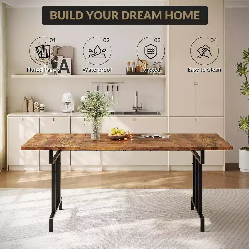 Table à manger de style ferme de 180 cm pour 6-8 personnes, table de cuisine rectangulaire de style rustique, pieds métalliques géométriques et plateau en bois épais, facile à nettoyer