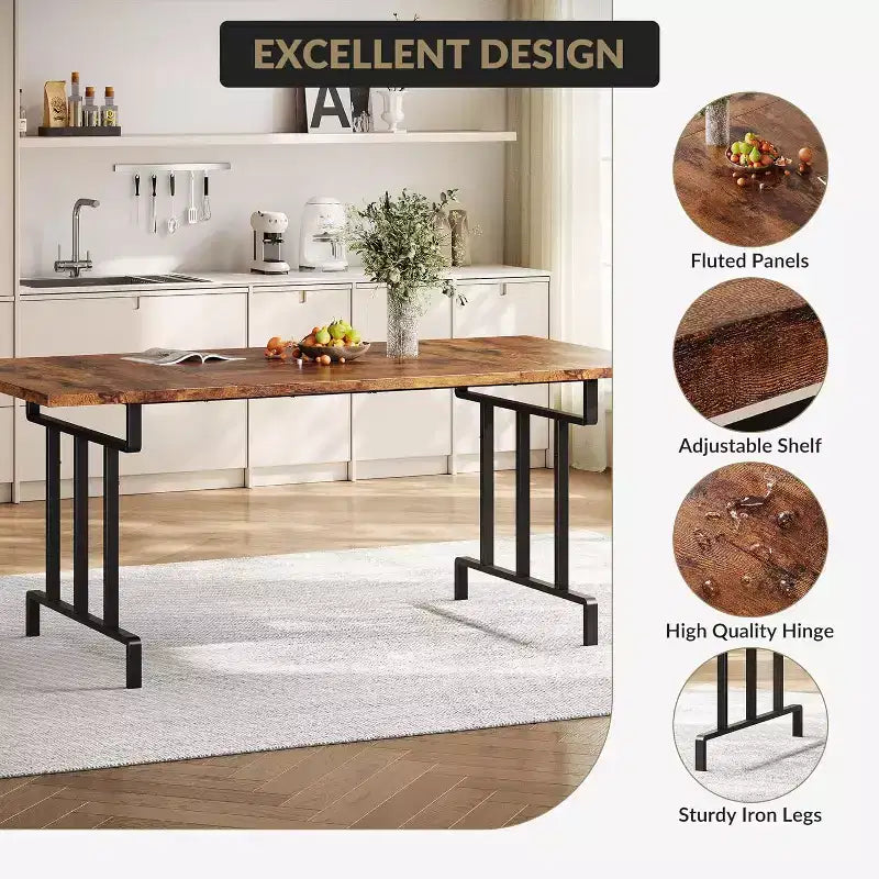 Table à manger de style ferme de 180 cm pour 6-8 personnes, table de cuisine rectangulaire de style rustique, pieds métalliques géométriques et plateau en bois épais, facile à nettoyer