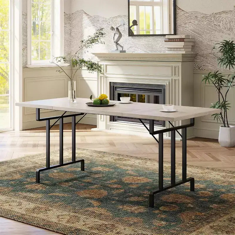 Table à manger de style ferme de 180 cm pour 6-8 personnes, table de cuisine rectangulaire de style rustique, pieds métalliques géométriques et plateau en bois épais, facile à nettoyer