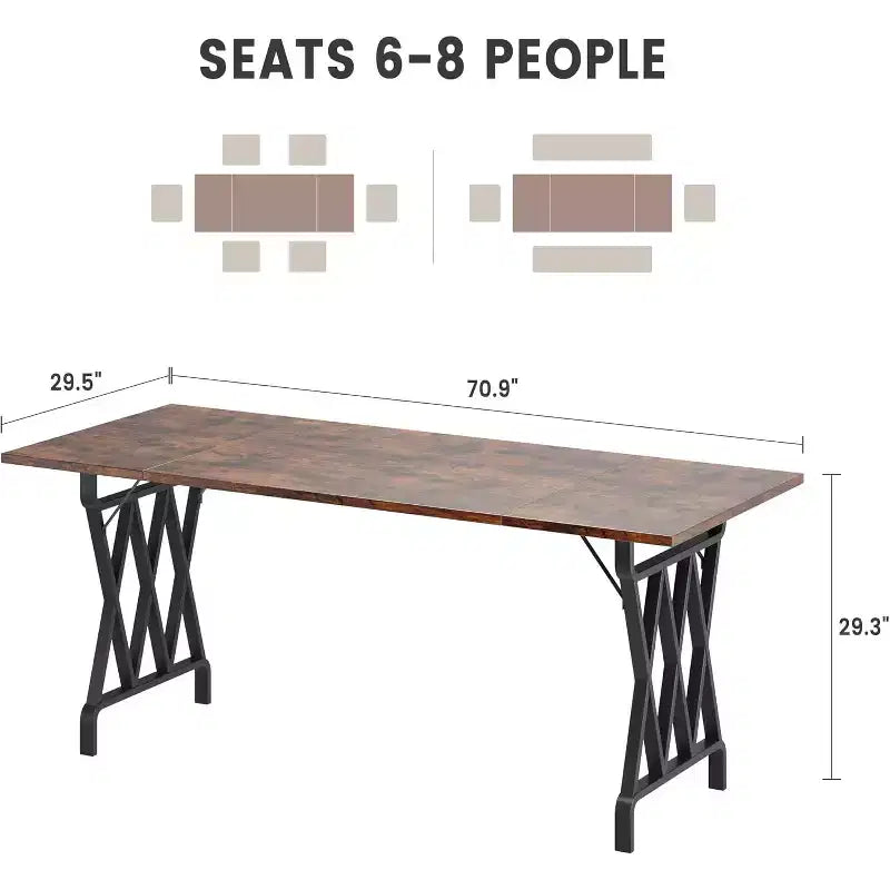 Grande table à manger industrielle de 180 cm pour 4 à 6 personnes, avec pieds métalliques robustes, pieds métalliques géométriques et plateau en bois épais, pour la maison et le bureau